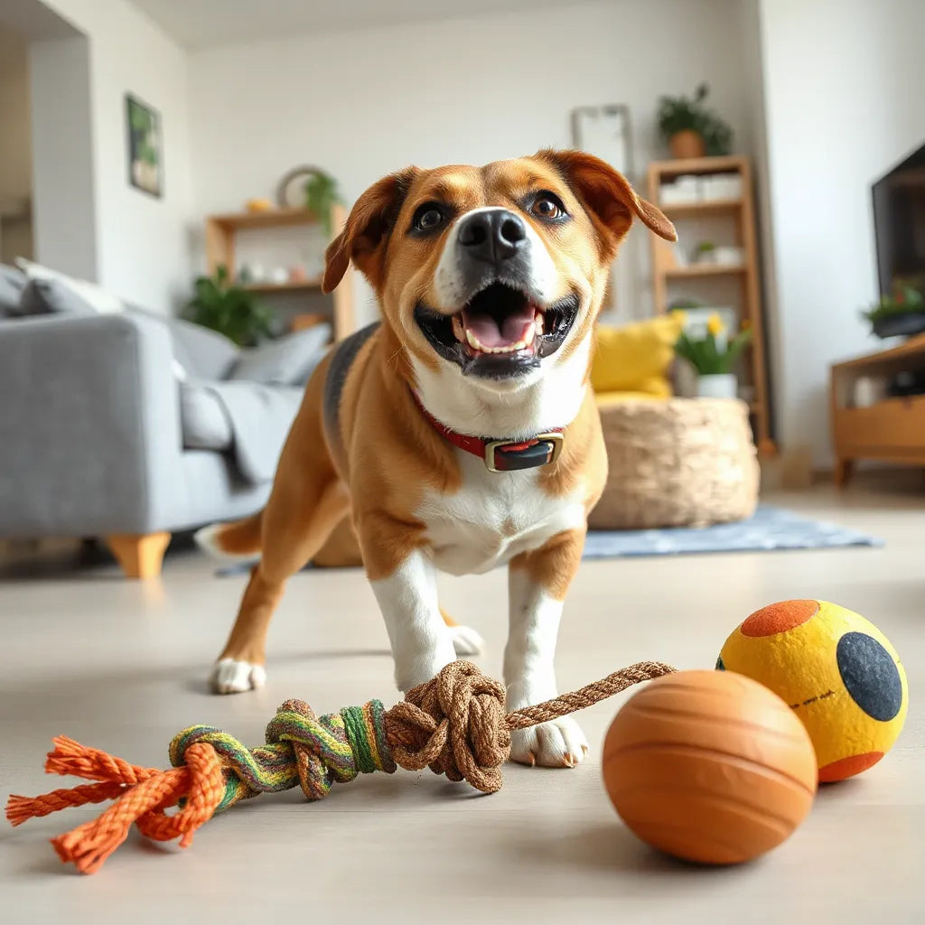 Energetic dog playing with chew, tug, and ball toys on a clean floor in daylight
