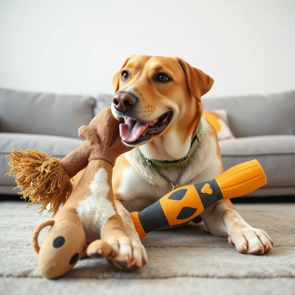 Large dog playing with oversized chew and fetch toys on a clean living room floor