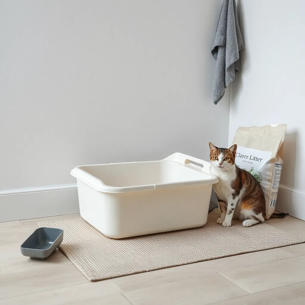 Clean cat litter box with scoop, unscented litter, and a cat nearby in a tidy room