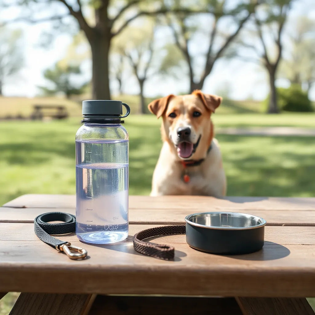 Portable pet water bottle on a picnic table beside a small bowl with a dog in the background