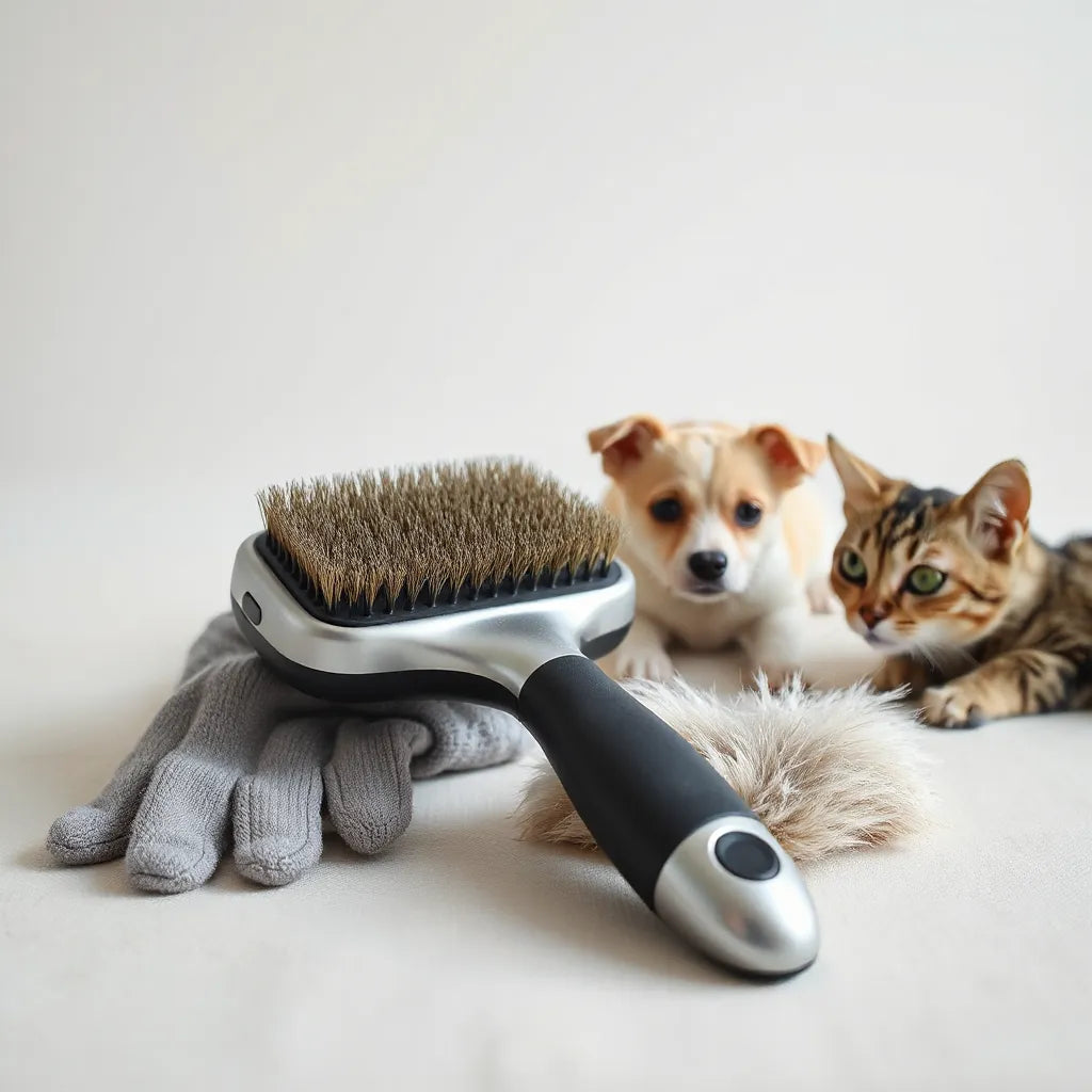 De-shedding brush with grooming glove on a neutral background, with subtle dog and cat forms in soft focus