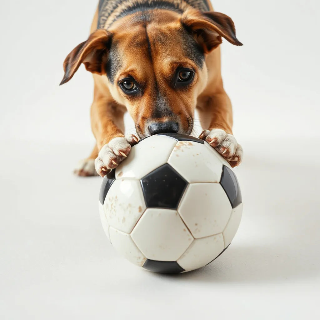 Medium dog engaging with an interactive soccer ball toy on a clean light floor