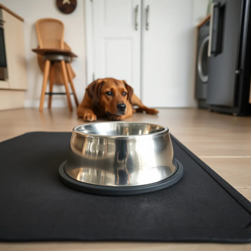 Stainless steel dog bowl resting on a non-slip mat on a clean kitchen floor