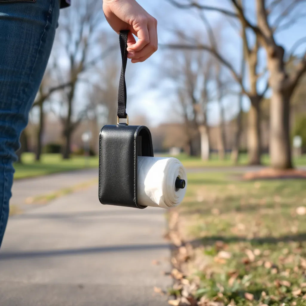 Waste bag holder on a leash with a roll of pet waste bags during an outdoor walk