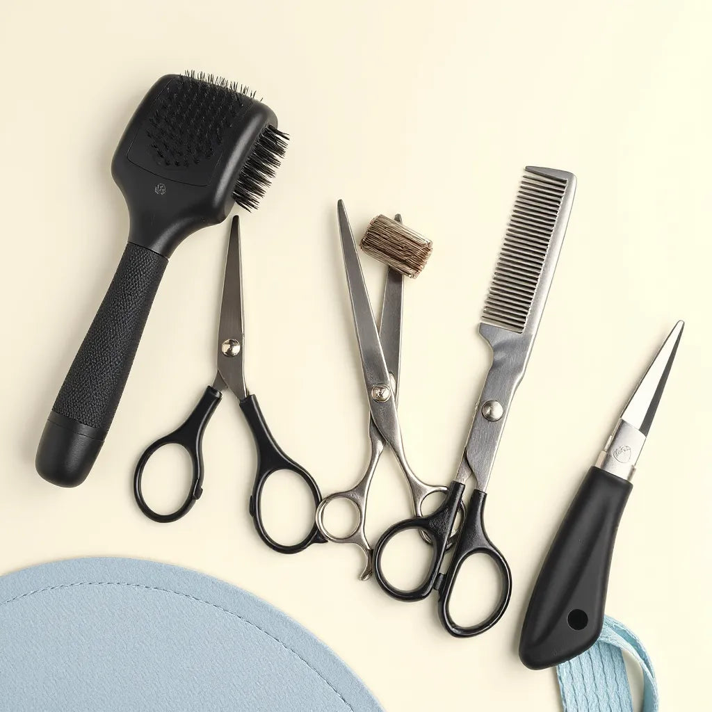 Sturdy dog grooming tools laid out neatly, including a brush, steel comb, deshedding tool, and grooming scissors.