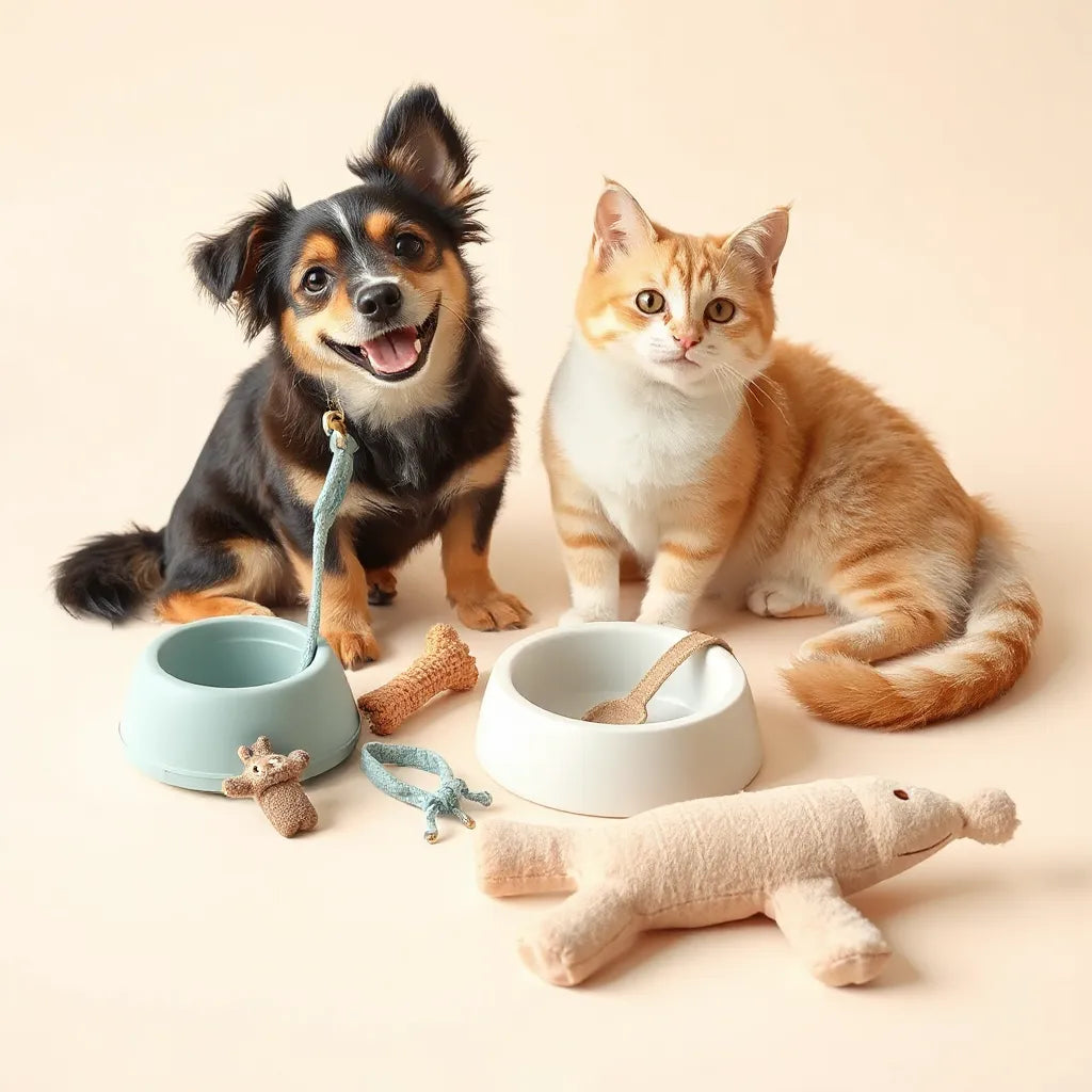 Small dog and cat beside minimal chew toy, harness, and bowl made from safe-looking materials