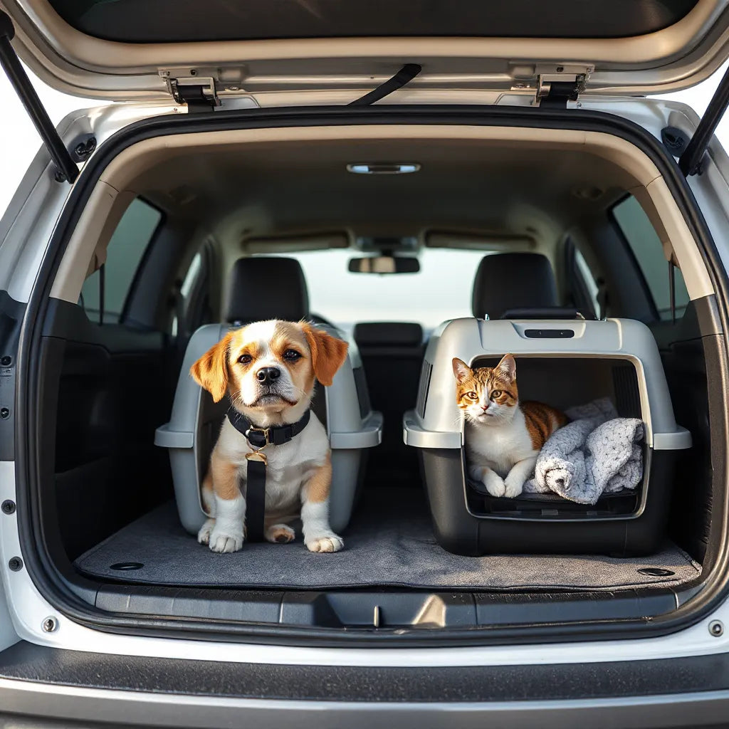 Small dog and cat resting in secure pet travel carriers in a car trunk