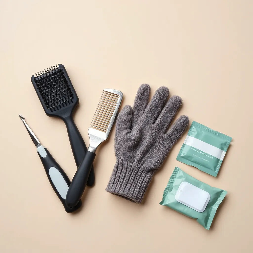 Assorted cat grooming tools including brush, comb, grooming glove, and deshedding tool