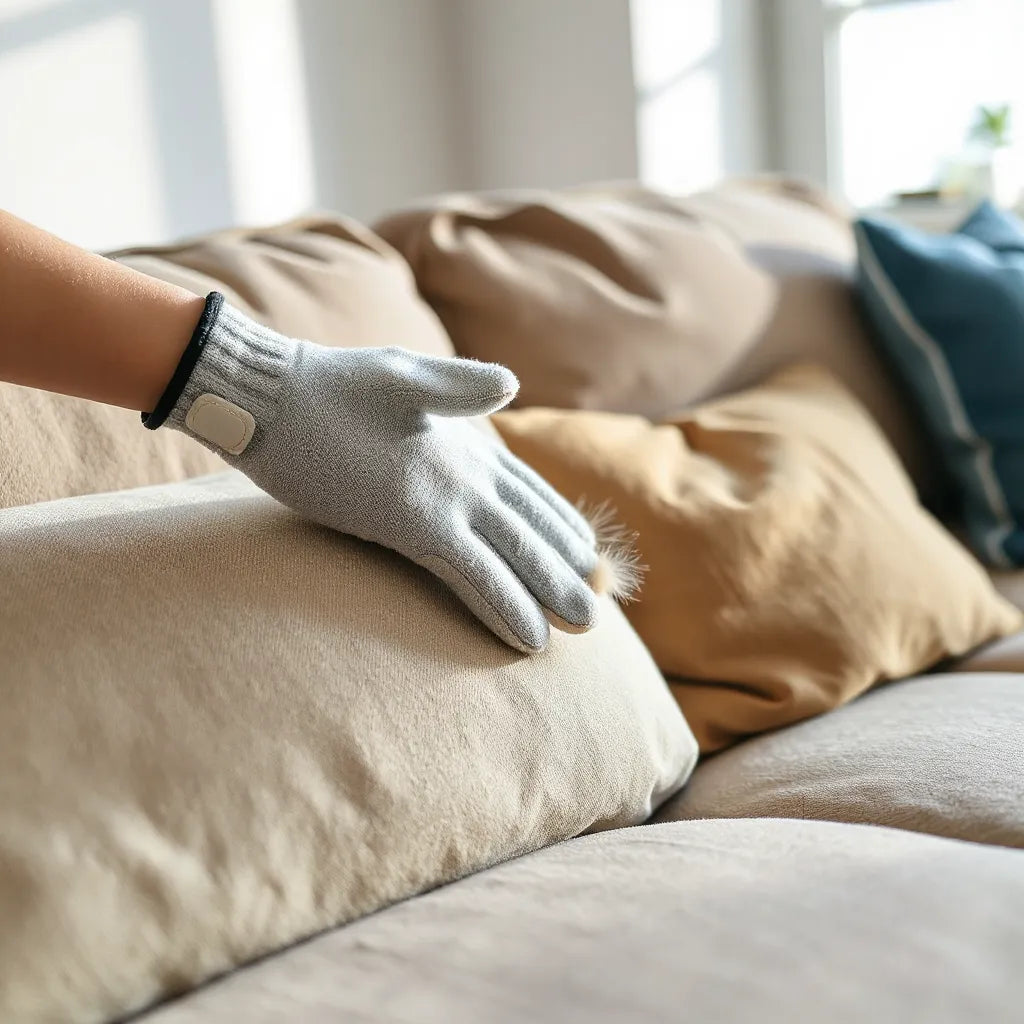 Hand in a pet hair remover glove brushing fur off a couch cushion