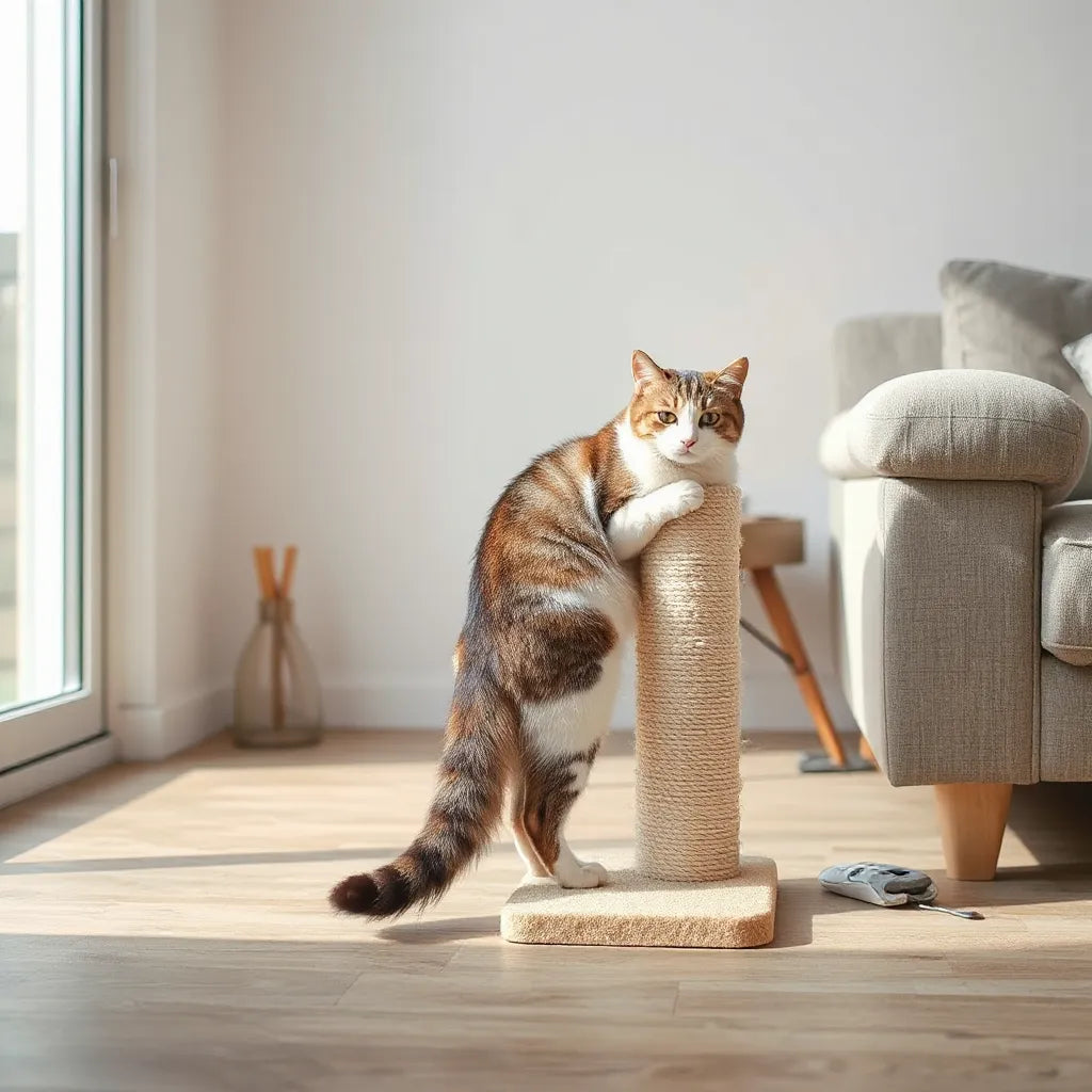 Cat actively scratching a sisal scratching post beside a couch and scratch pad on the floor