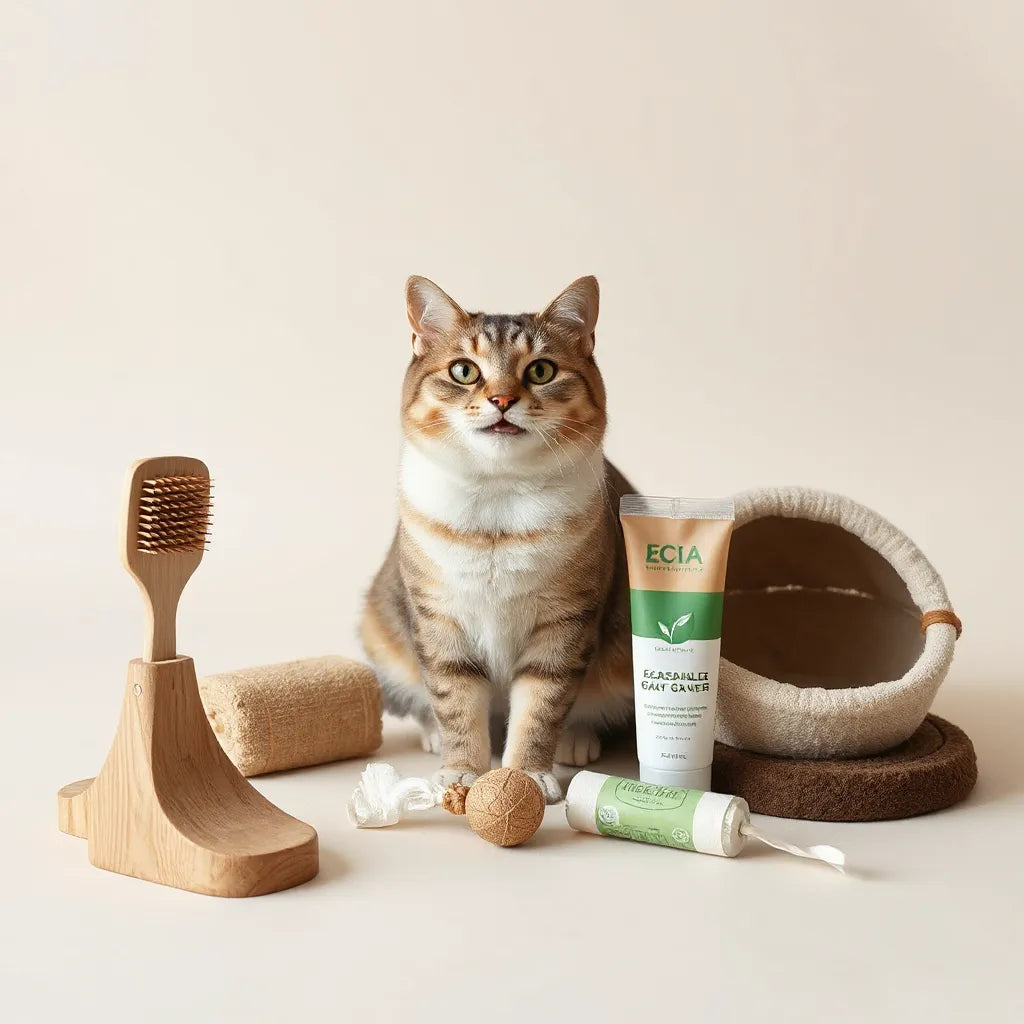 A cat beside natural and recycled eco-friendly pet accessories on a clean studio background