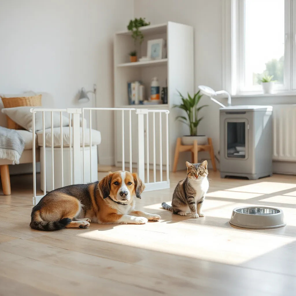 Dog and cat in a tidy room with secured cords, covered trash, and closed cleaning products cabinet