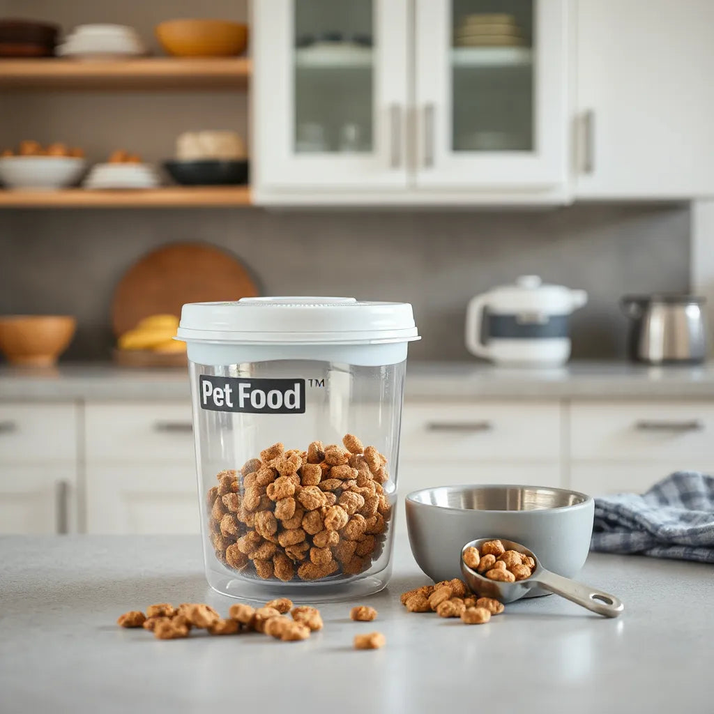A modern airtight pet food container with kibble and a scoop on a kitchen countertop