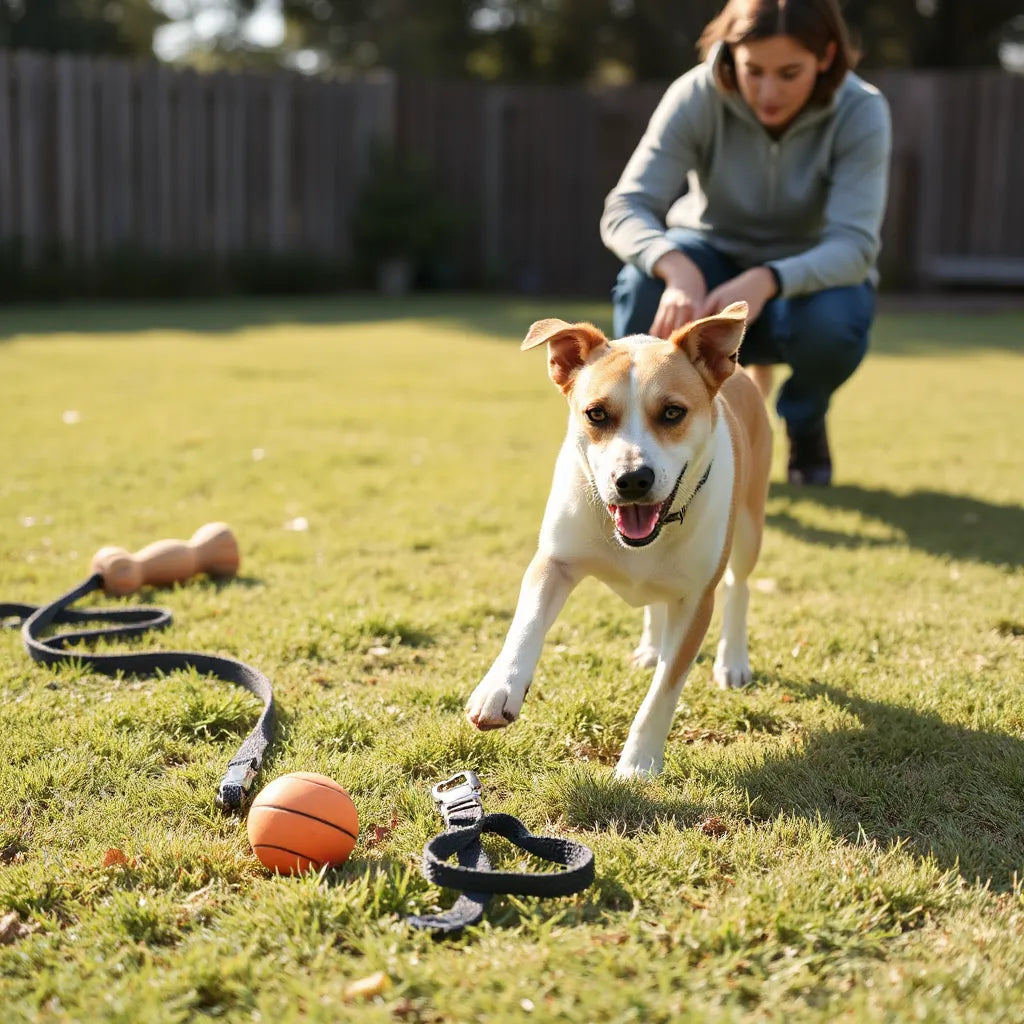Dog playing outdoors on grass while a person supervises nearby with a toy ready