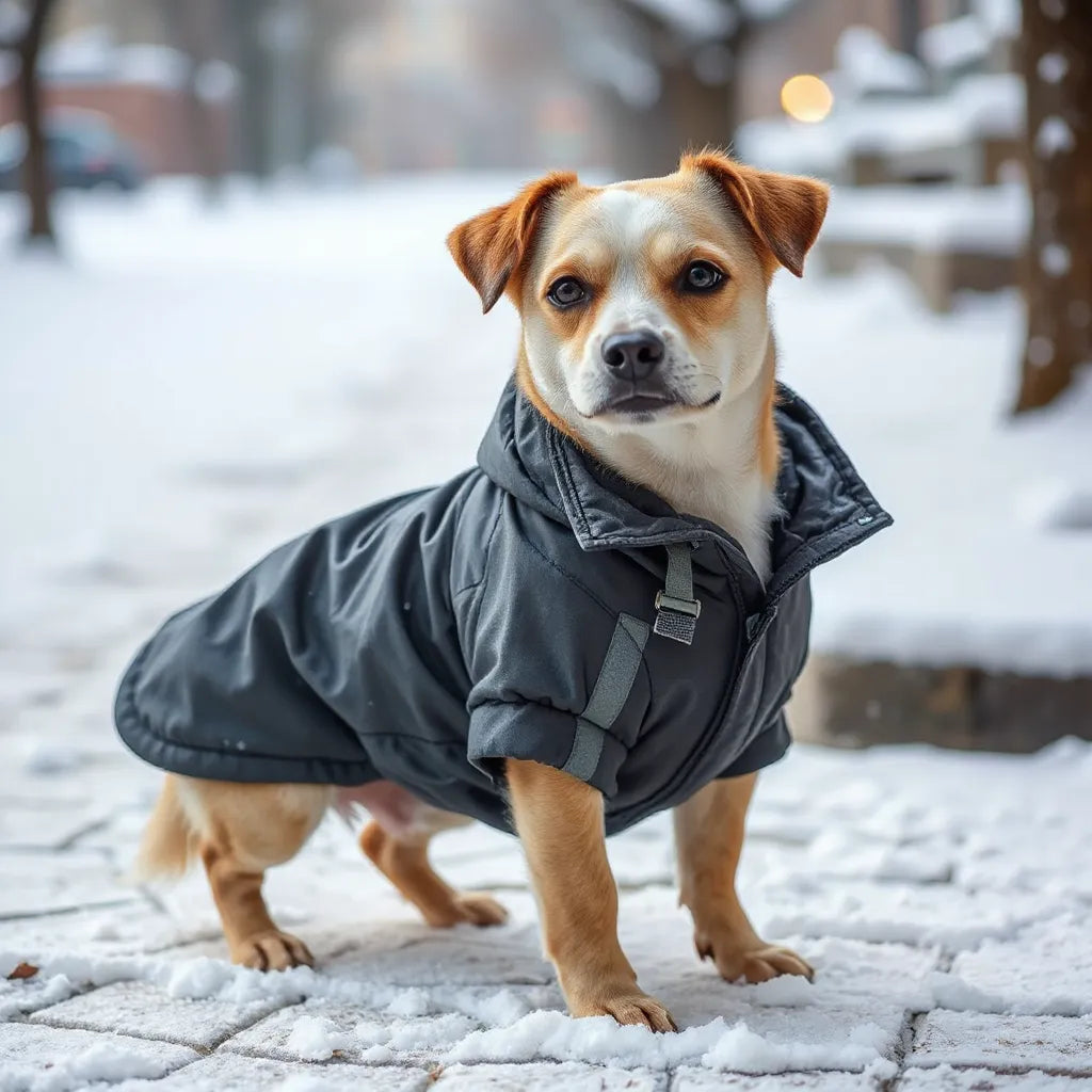 Small dog in a warm winter jacket standing in light snow with a visible insulated fit