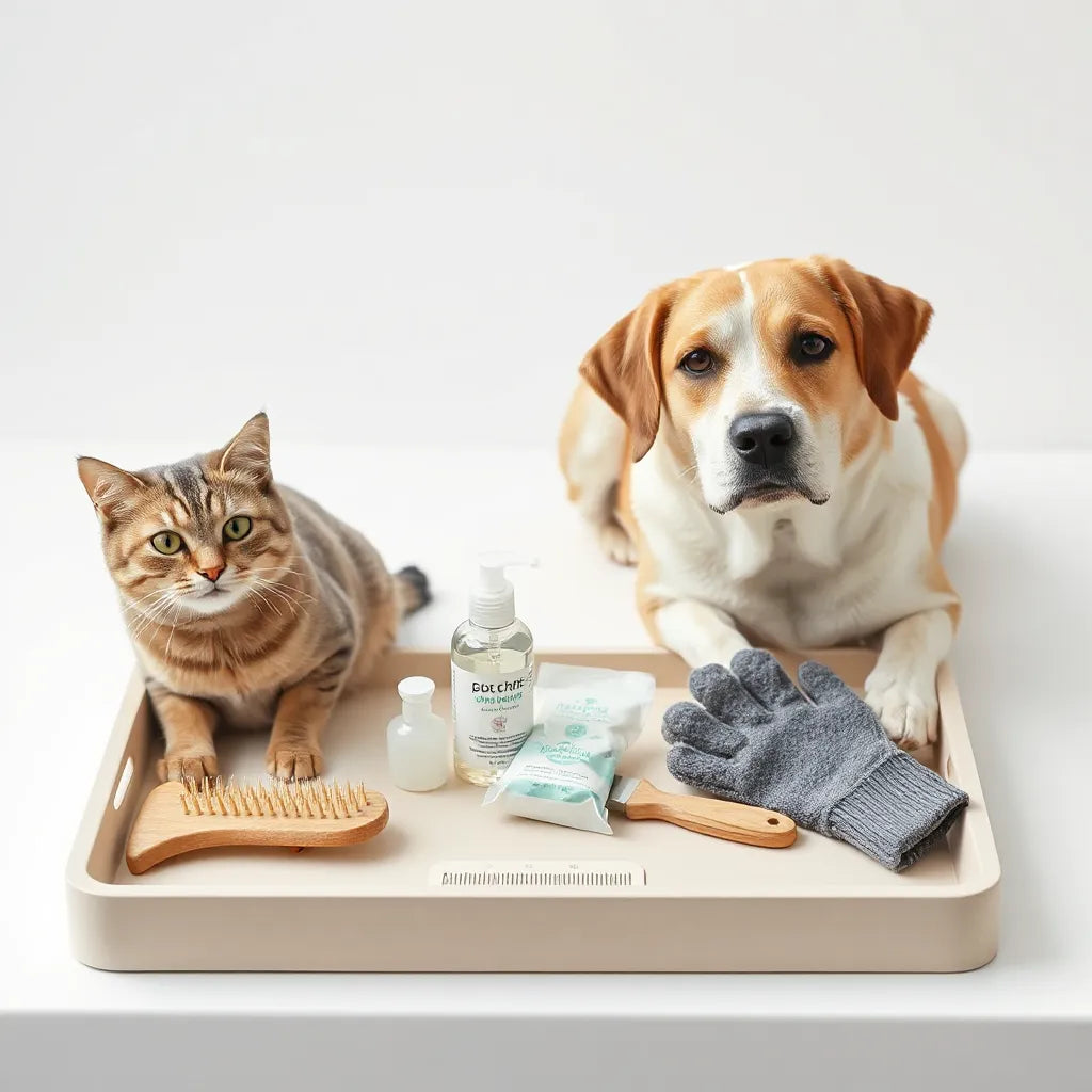 Cat and dog near neatly arranged grooming and hygiene essentials on a clean tray