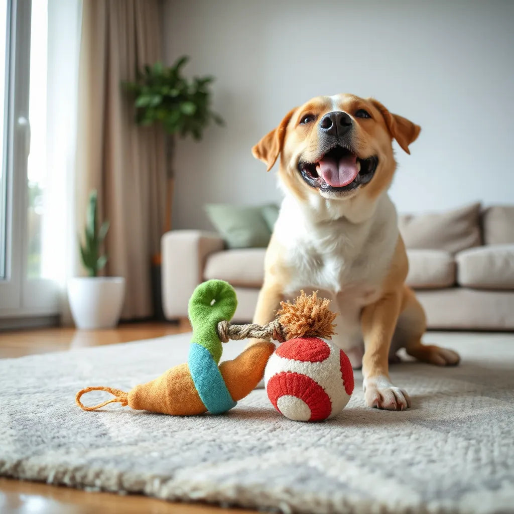 Medium-sized dog playing with durable chew and interactive toys on a clean living-room rug