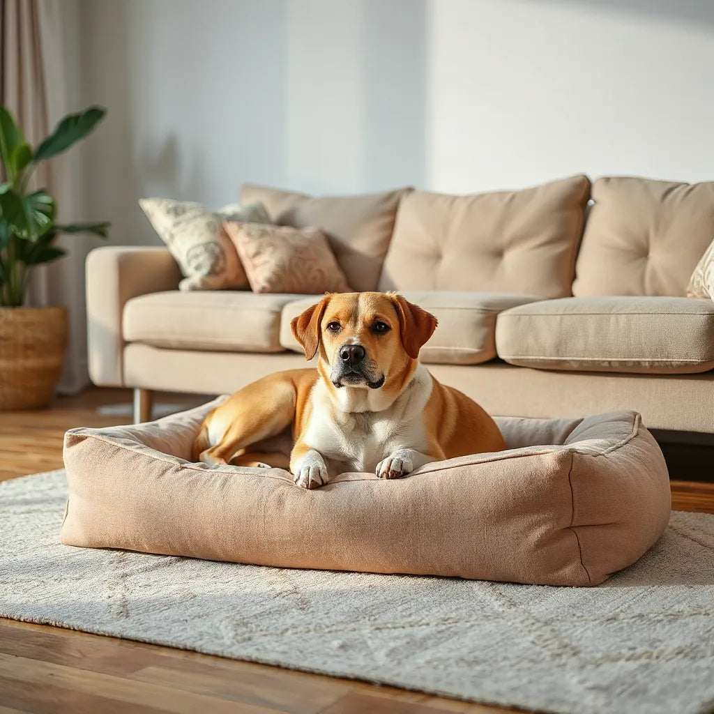 Relaxed dog lying on a plush, supportive bed in a bright living room