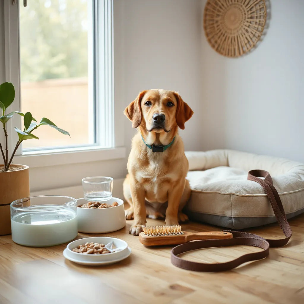 Healthy dog resting near water, food, and wellness items in a bright, tidy home