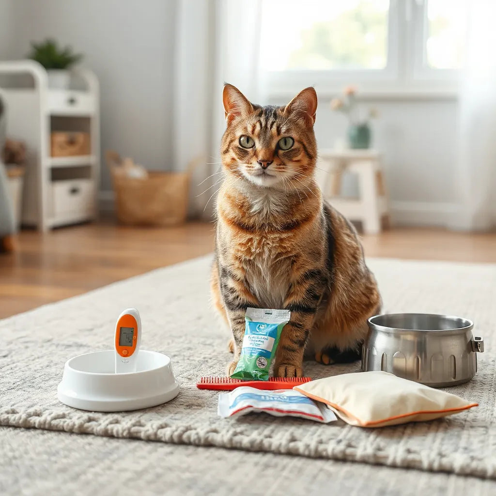 Calm cat beside neatly arranged wellness items like grooming tools, dental wipes, and a small first-aid kit
