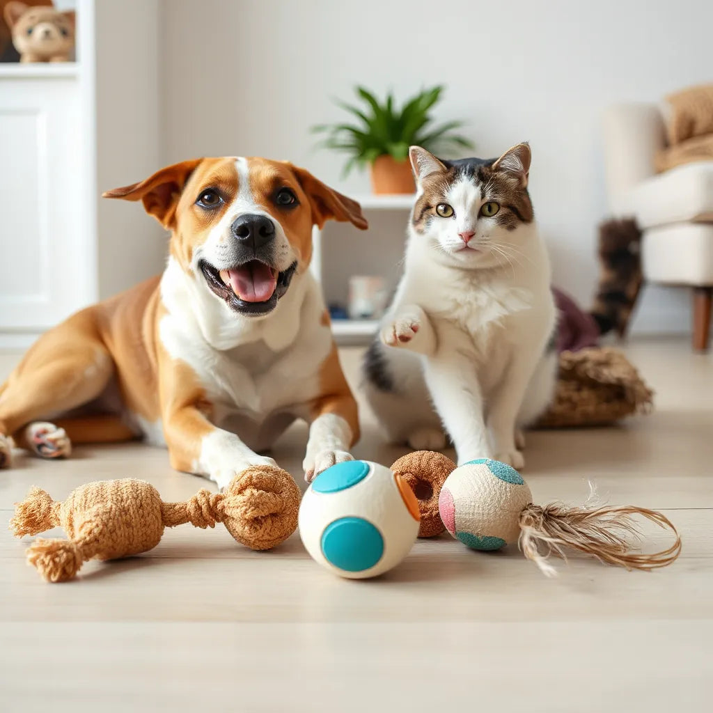 Dog and cat play near premium toys including plush squeaky, chew, and interactive ball