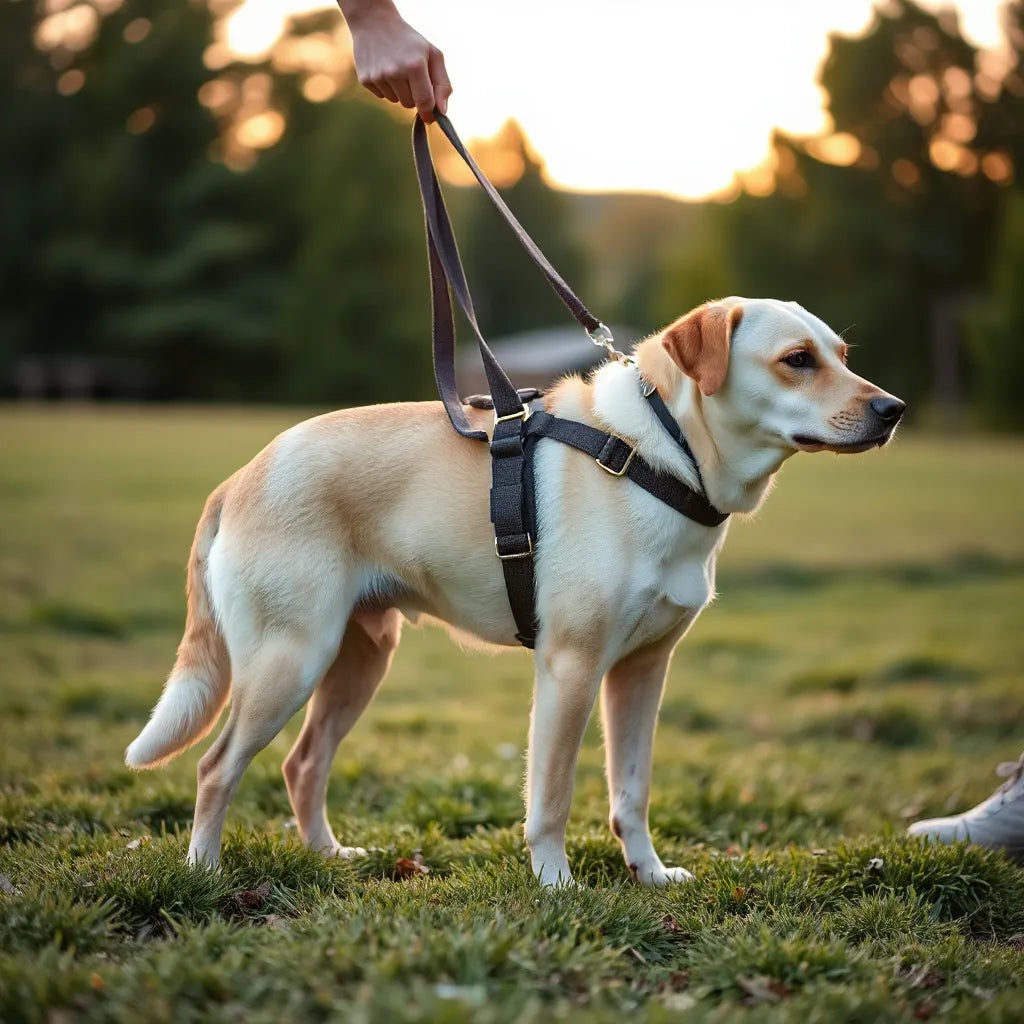 Dog wearing a properly fitted training harness with leash during a walk in a grassy outdoor setting