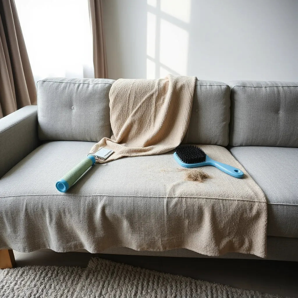 Lint roller and rubber brush removing pet hair from a couch cushion