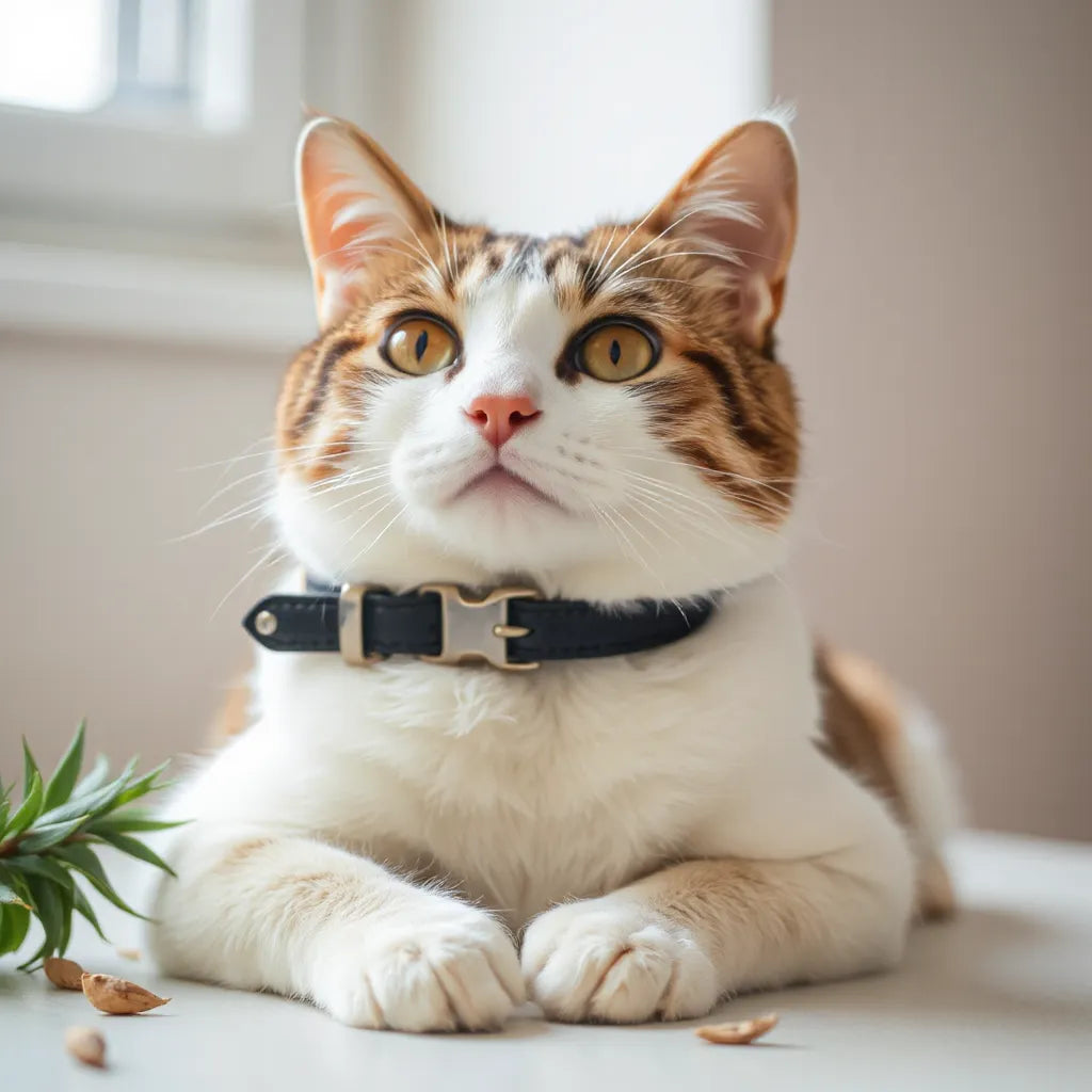 Cat wearing a stylish collar with visible clasp and textured fabric on a softly lit neutral background