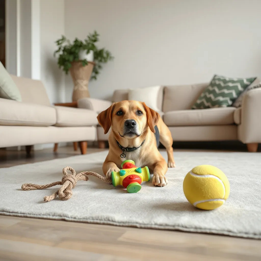 Active dog playing with tug rope, treat puzzle toy, and fetch ball on a clean living room floor