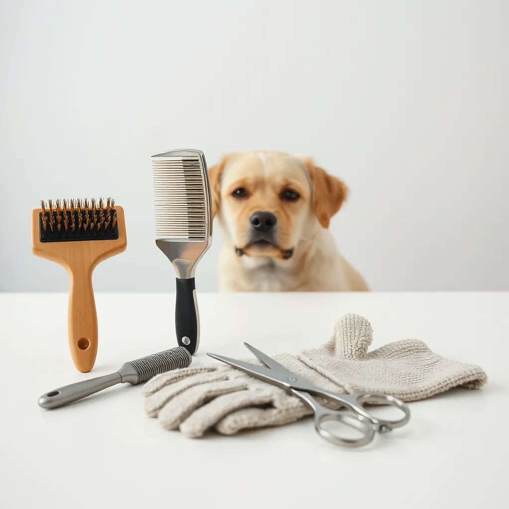 Assorted grooming tools arranged neatly beside a calm dog for smooth coat care