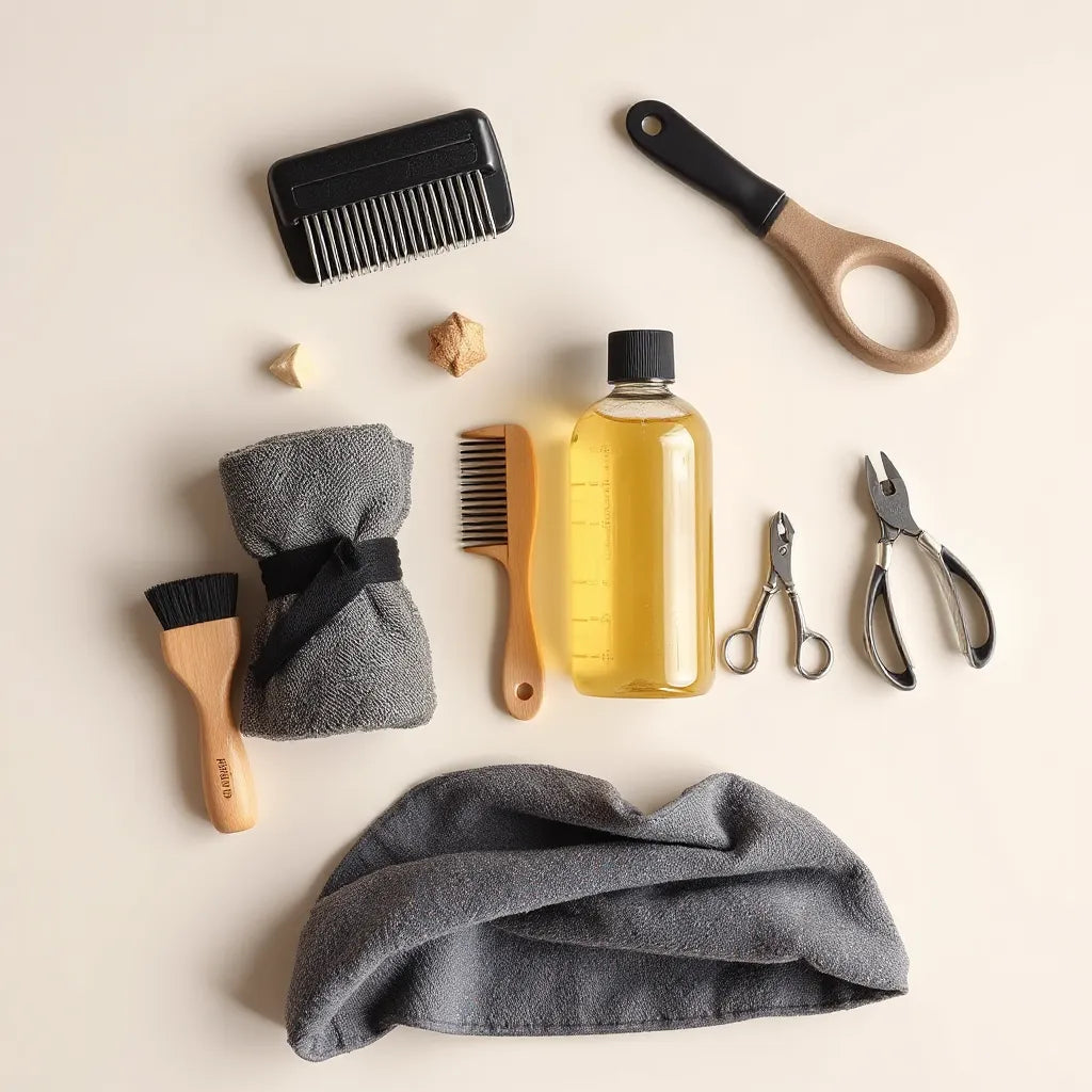 Dog grooming tools laid out neatly, including brushes, comb, shampoo bottle, towel, and nail clippers