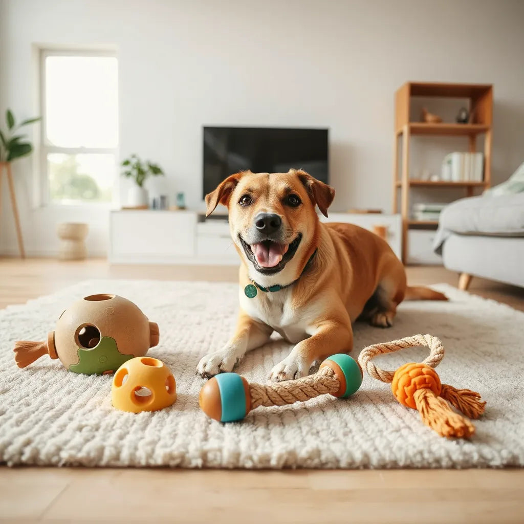 Medium-sized dog playing with interactive puzzle and treat-dispensing toys on a clean rug in a bright room