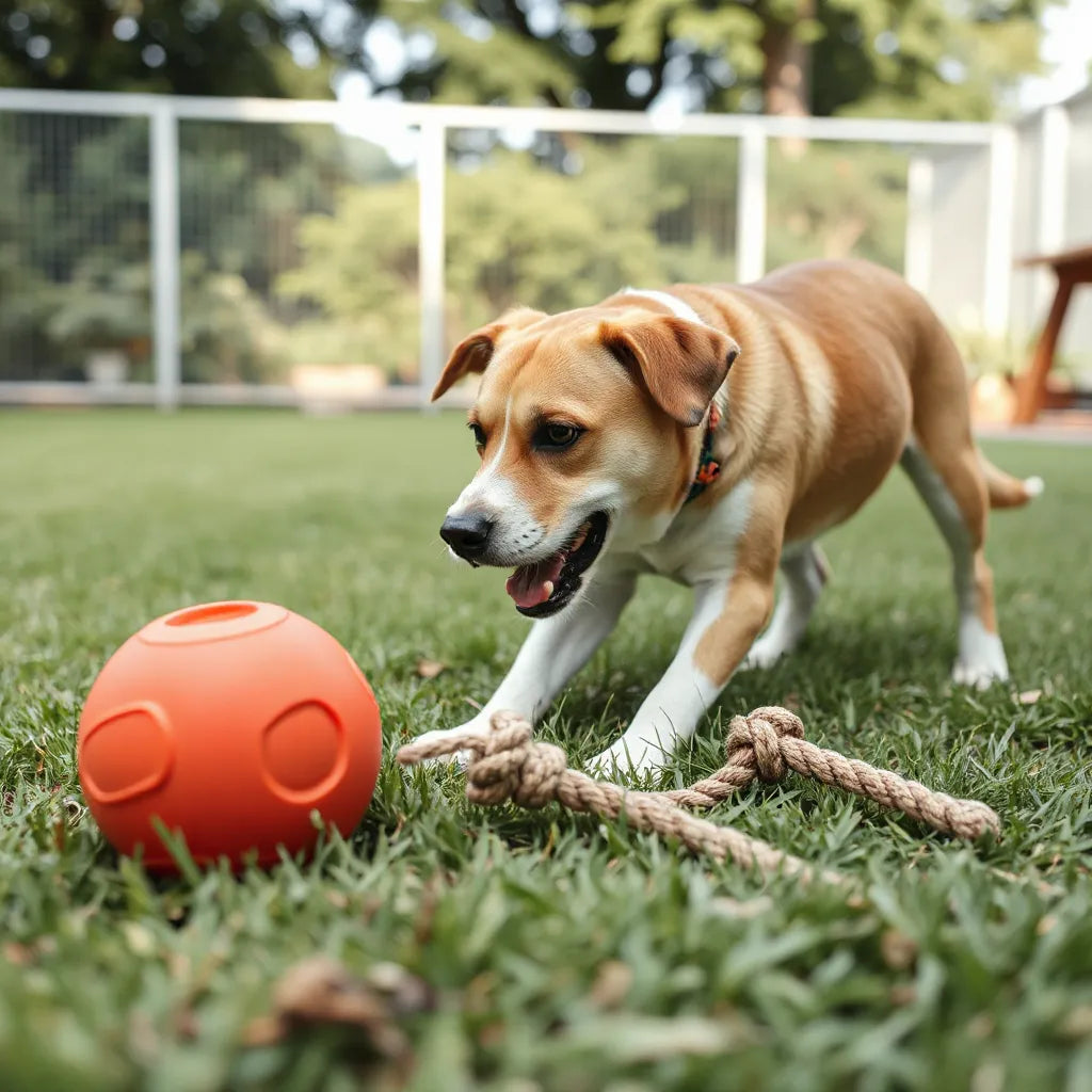 Dog retrieving a durable fetch toy on a grassy yard with simple rope and ball nearby