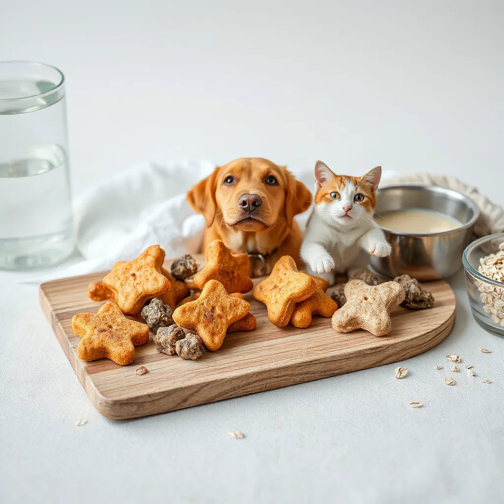 Assorted natural pet treats on a wooden board with simple ingredient bowls nearby
