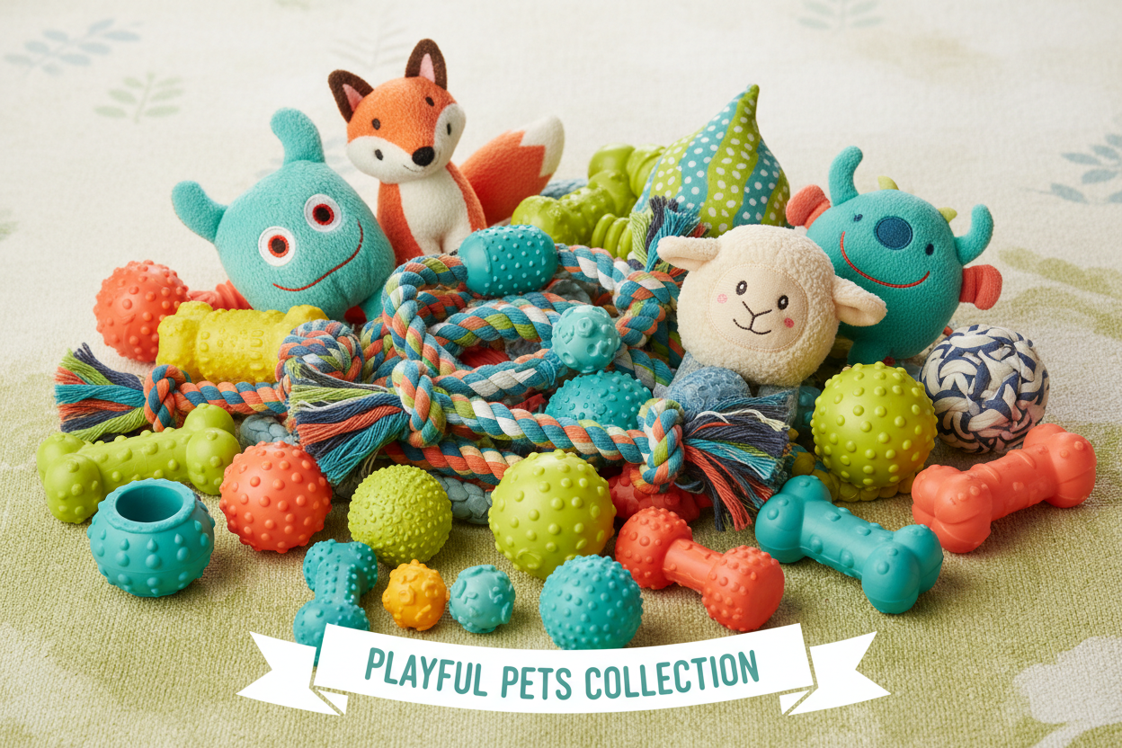 PetParadise Hub Dog Toys collection banner featuring durable chew toys, interactive dog toys, and fetch essentials for active, happy dogs
