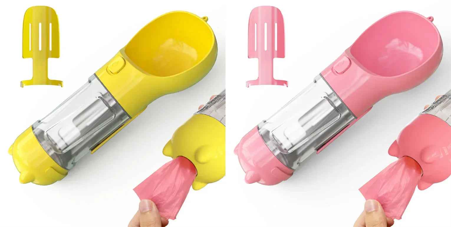 Haustier-Wasserflasche mit Futternapf und Müllbeutel Aufbewahrung Tragbar für Outdoor-Reisen 3-in-1 Hundewasserflasche