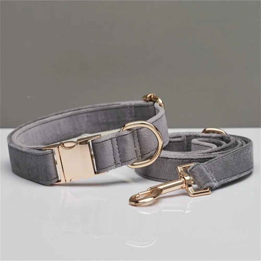 Personalized Velvet Dog Collar & Leash Set with Bow