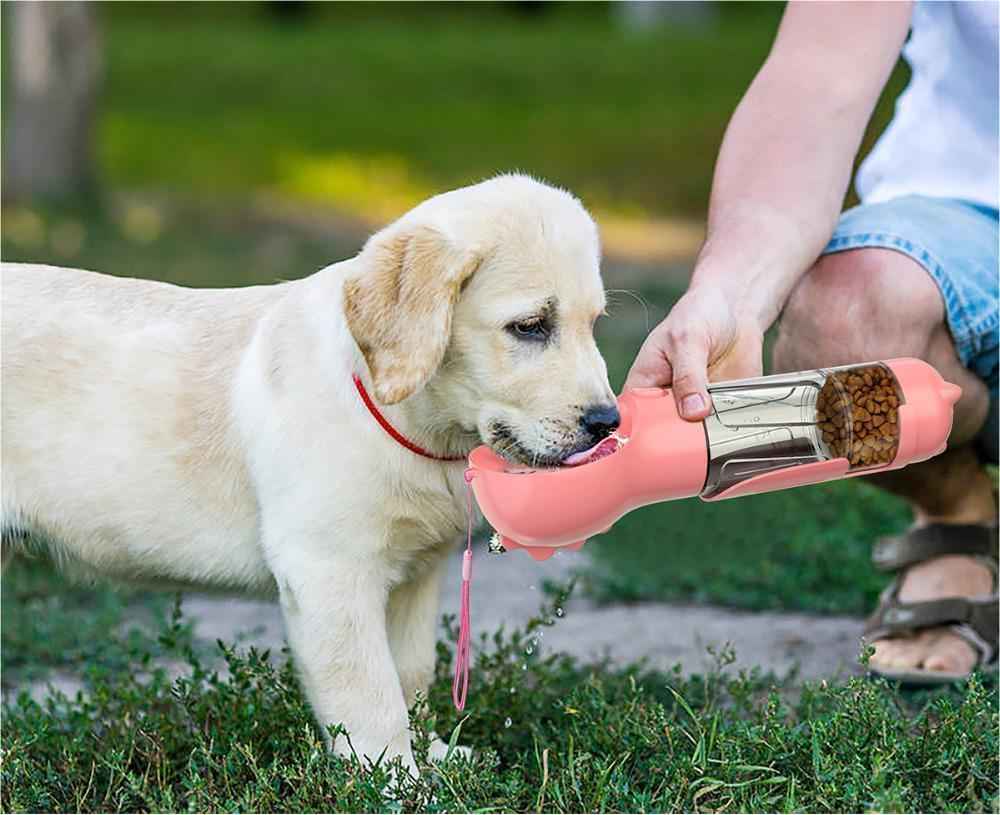 Haustier-Wasserflasche mit Futternapf und Müllbeutel Aufbewahrung Tragbar für Outdoor-Reisen 3-in-1 Hundewasserflasche