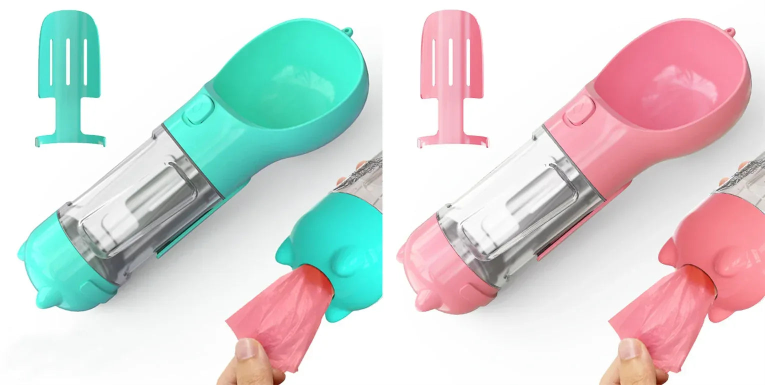 Haustier-Wasserflasche mit Futternapf und Müllbeutel Aufbewahrung Tragbar für Outdoor-Reisen 3-in-1 Hundewasserflasche