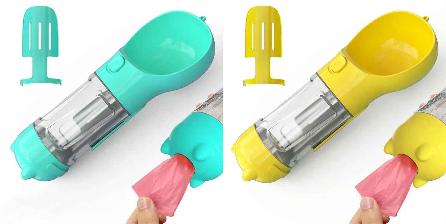 Haustier-Wasserflasche mit Futternapf und Müllbeutel Aufbewahrung Tragbar für Outdoor-Reisen 3-in-1 Hundewasserflasche