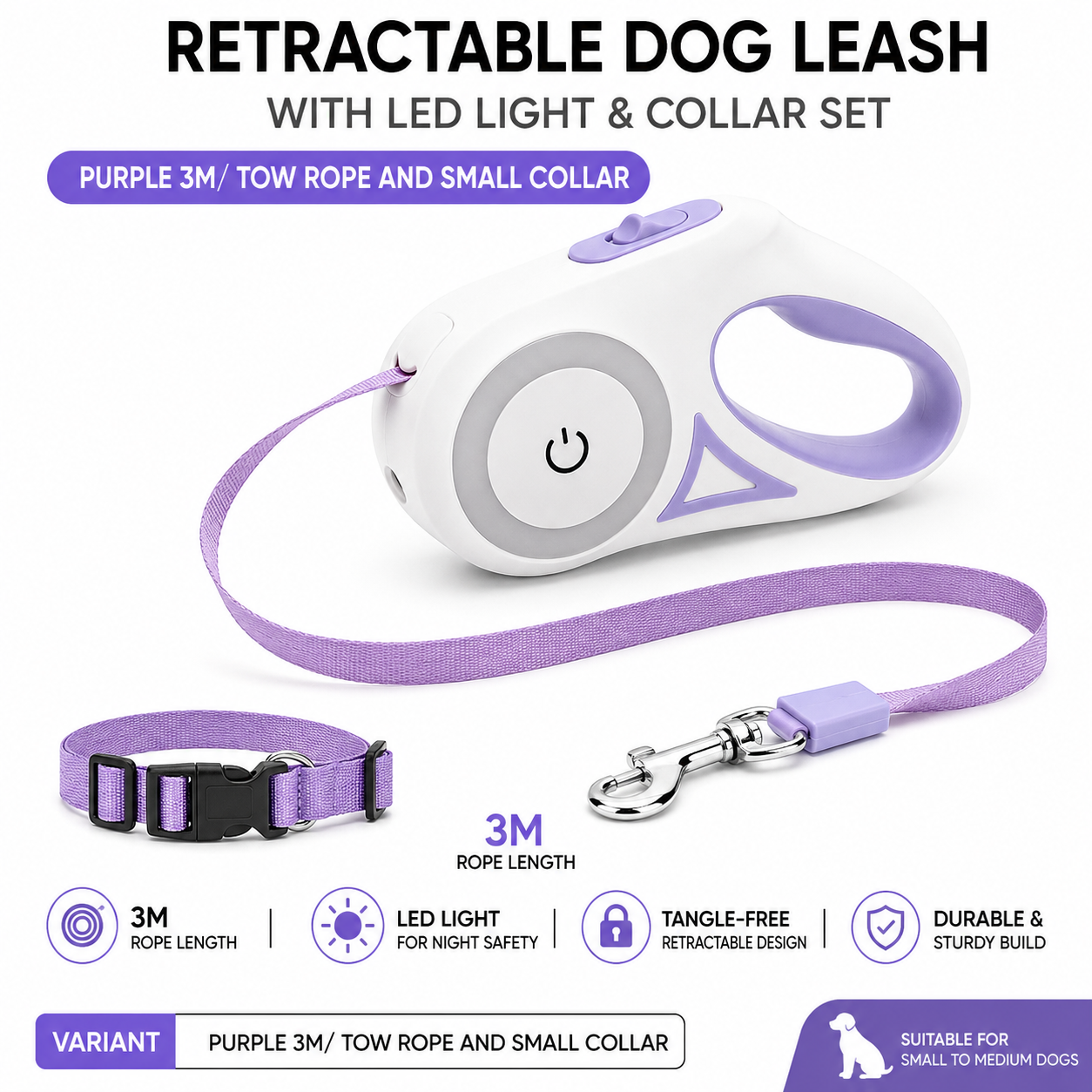 Retractable Dog Leash with LED Light & Collar Set