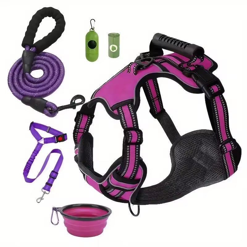 Tactical Service Dog Harness Strap Set, Car Seat Belt, Collapsible Bowl, Biodegradable Trash Bag Set For Dogs