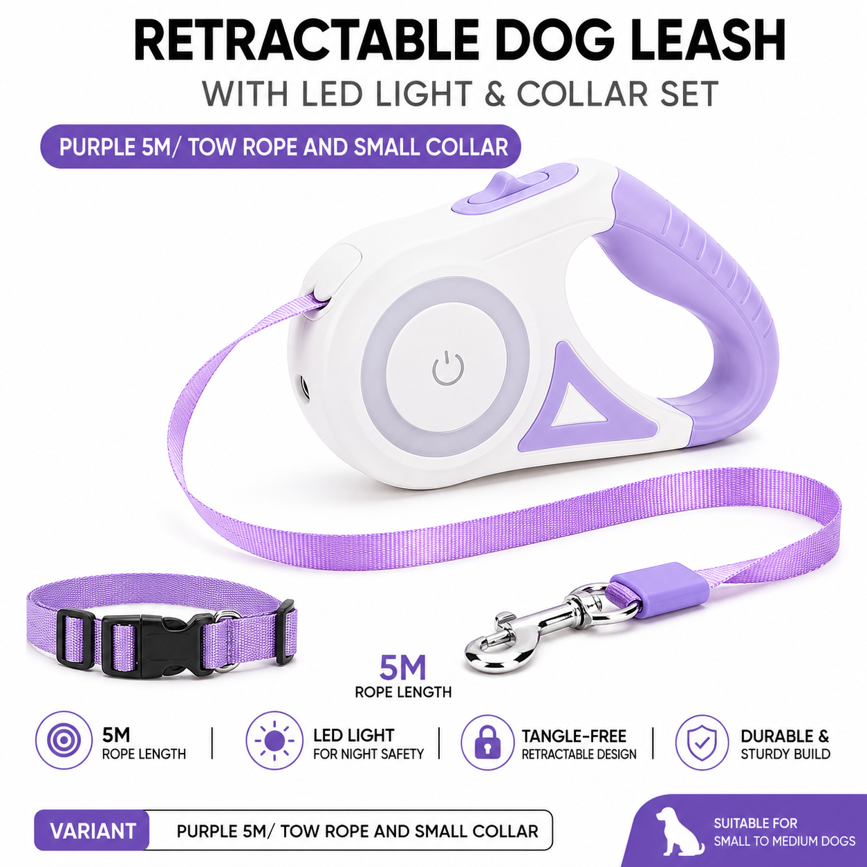 Retractable Dog Leash with LED Light & Collar Set