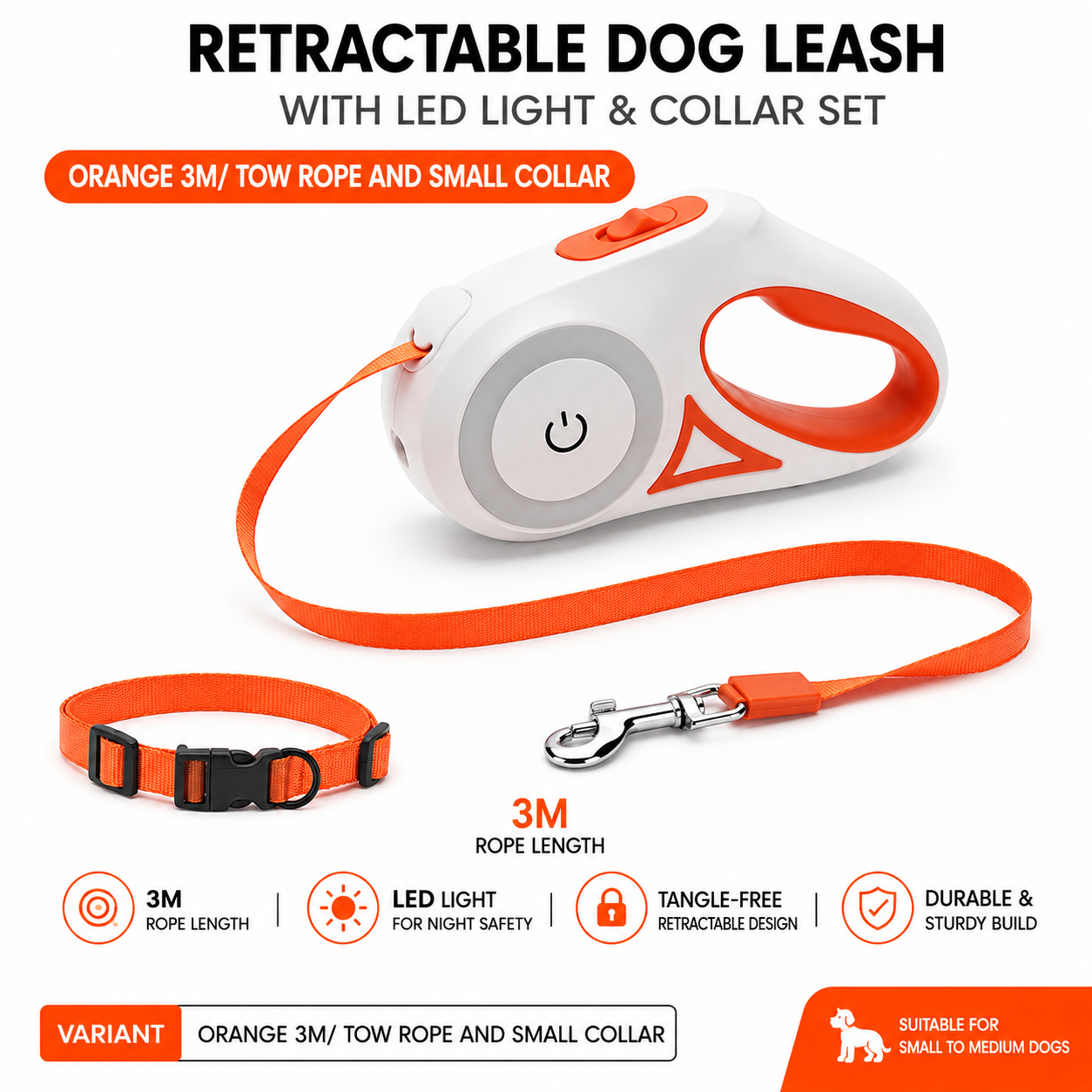 Retractable Dog Leash with LED Light & Collar Set