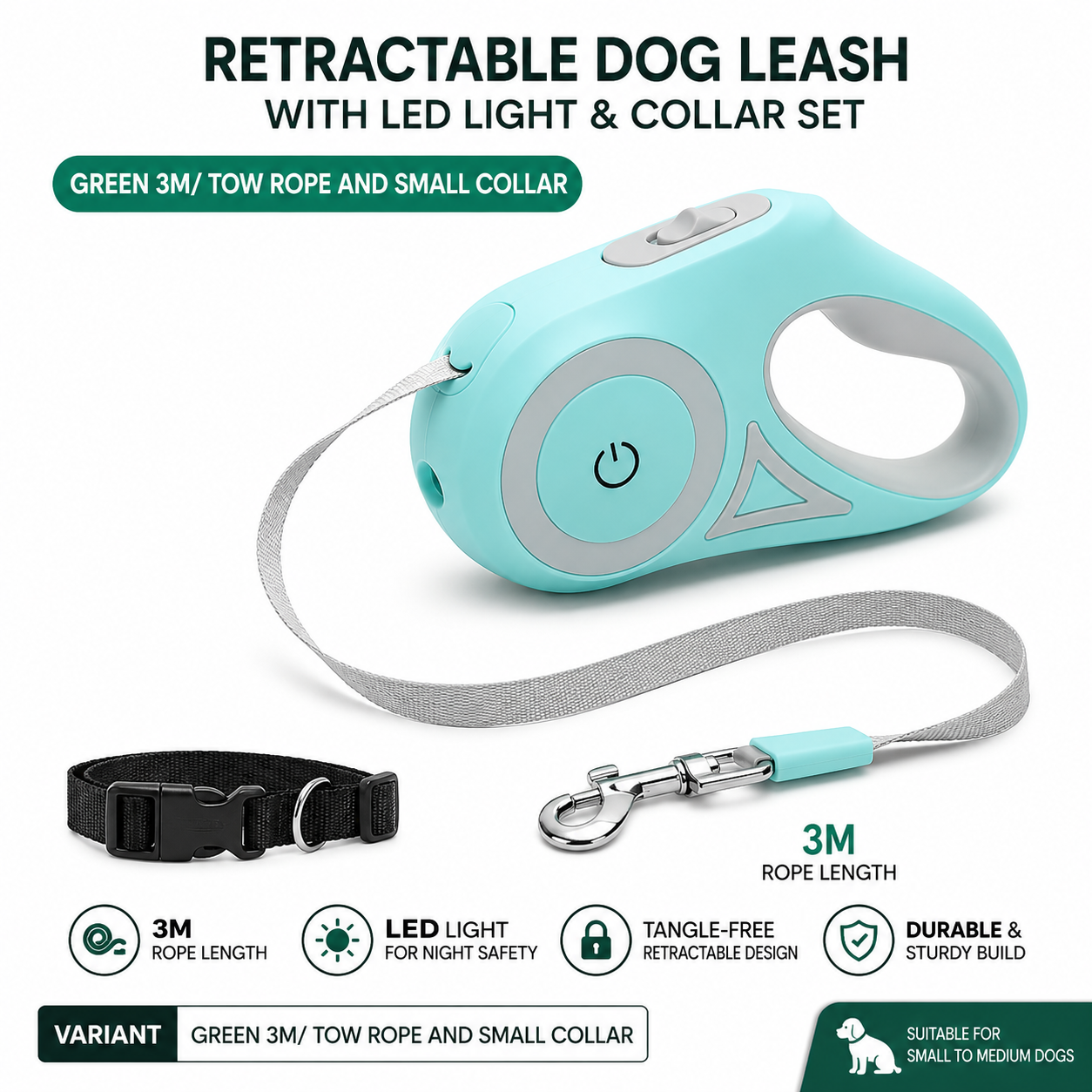 Retractable Dog Leash with LED Light & Collar Set