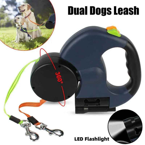 Retractable Dual Dog Leash with LED Light 360° Swivel Reflective