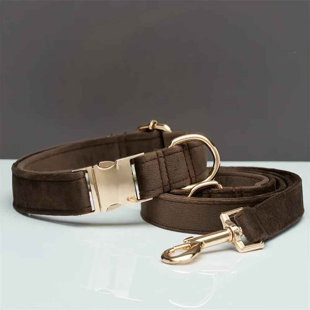 Personalized Velvet Dog Collar & Leash Set with Bow