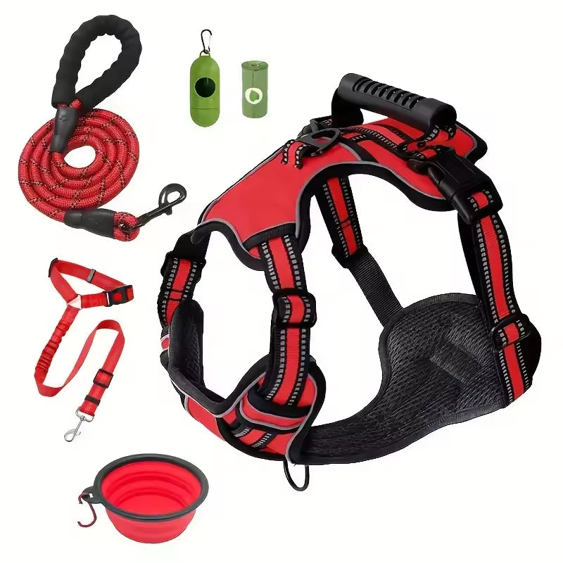 Tactical Service Dog Harness Strap Set, Car Seat Belt, Collapsible Bowl, Biodegradable Trash Bag Set For Dogs